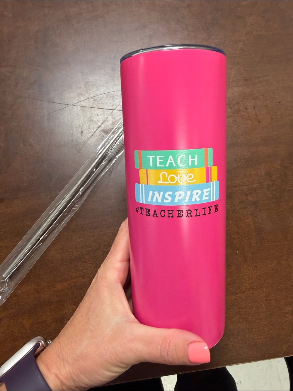 Pink "Teach Love Inspire" Teacher Tumbler